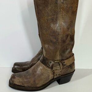 Frye Harness Tall Dark Brown Distressed Leather Boots